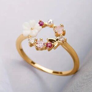 Creative Butterfly Flowers Crystal Finger Women Gold Zircon Glamour Ring